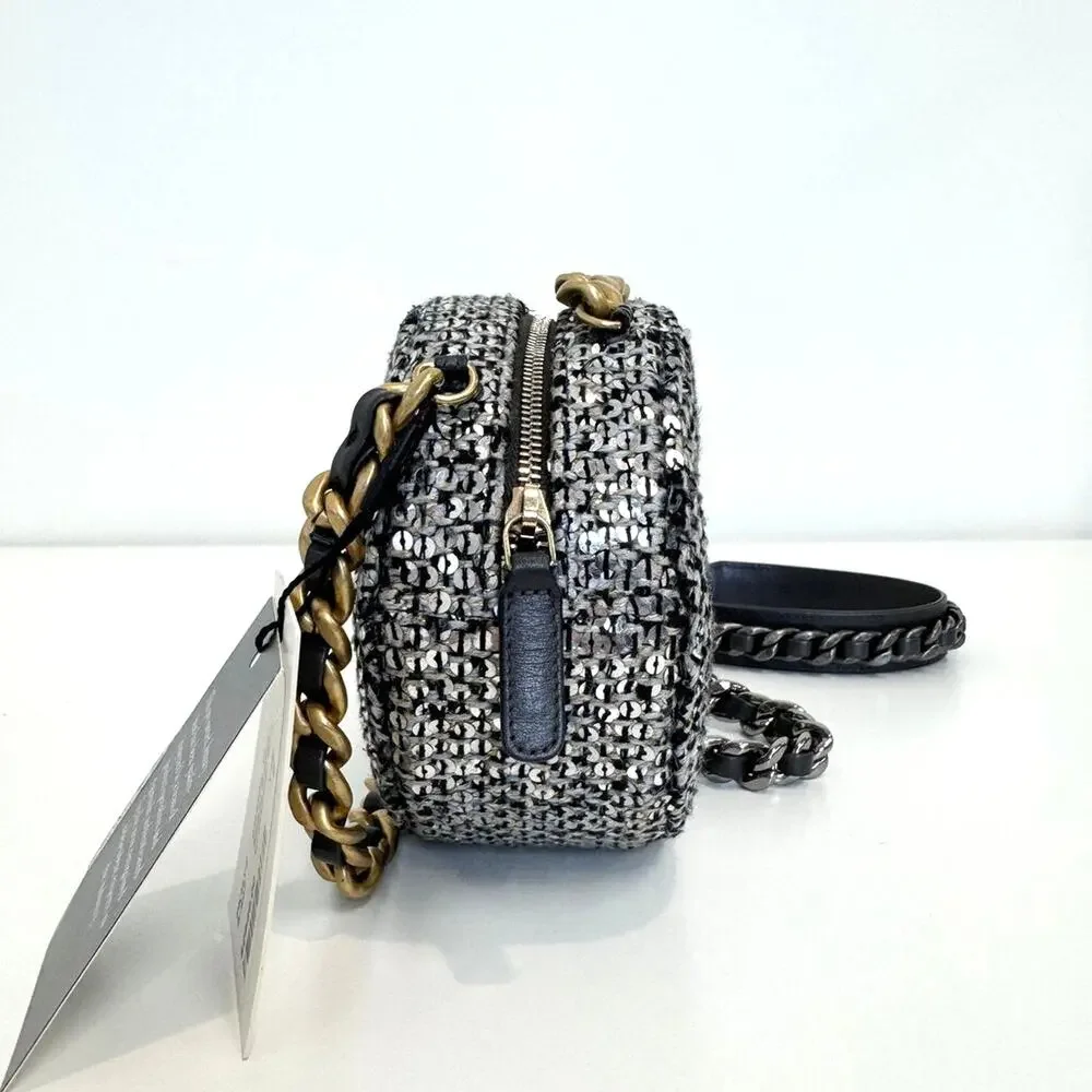 CHANEL 19 Round Gold Chain Sequin Silver Crossbody Mini CC Clutch Shoulder Bag